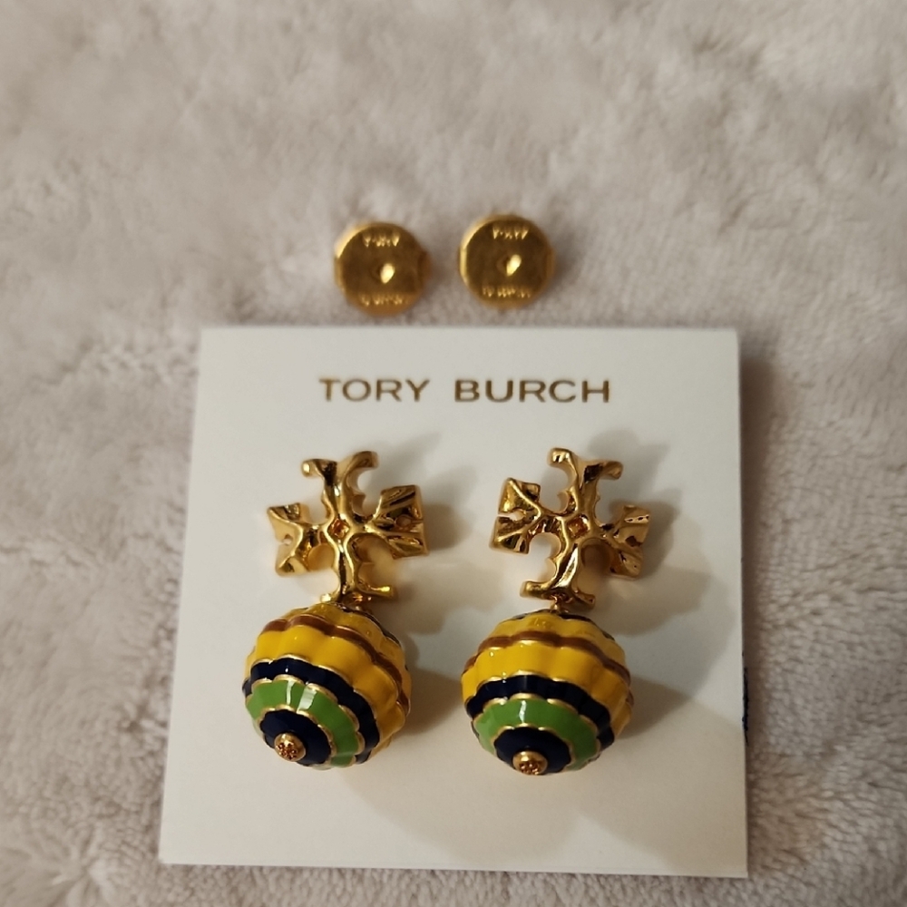 NEW Tory Burch Roxanne Gold Enamel Striped Drop Logo Earrings.